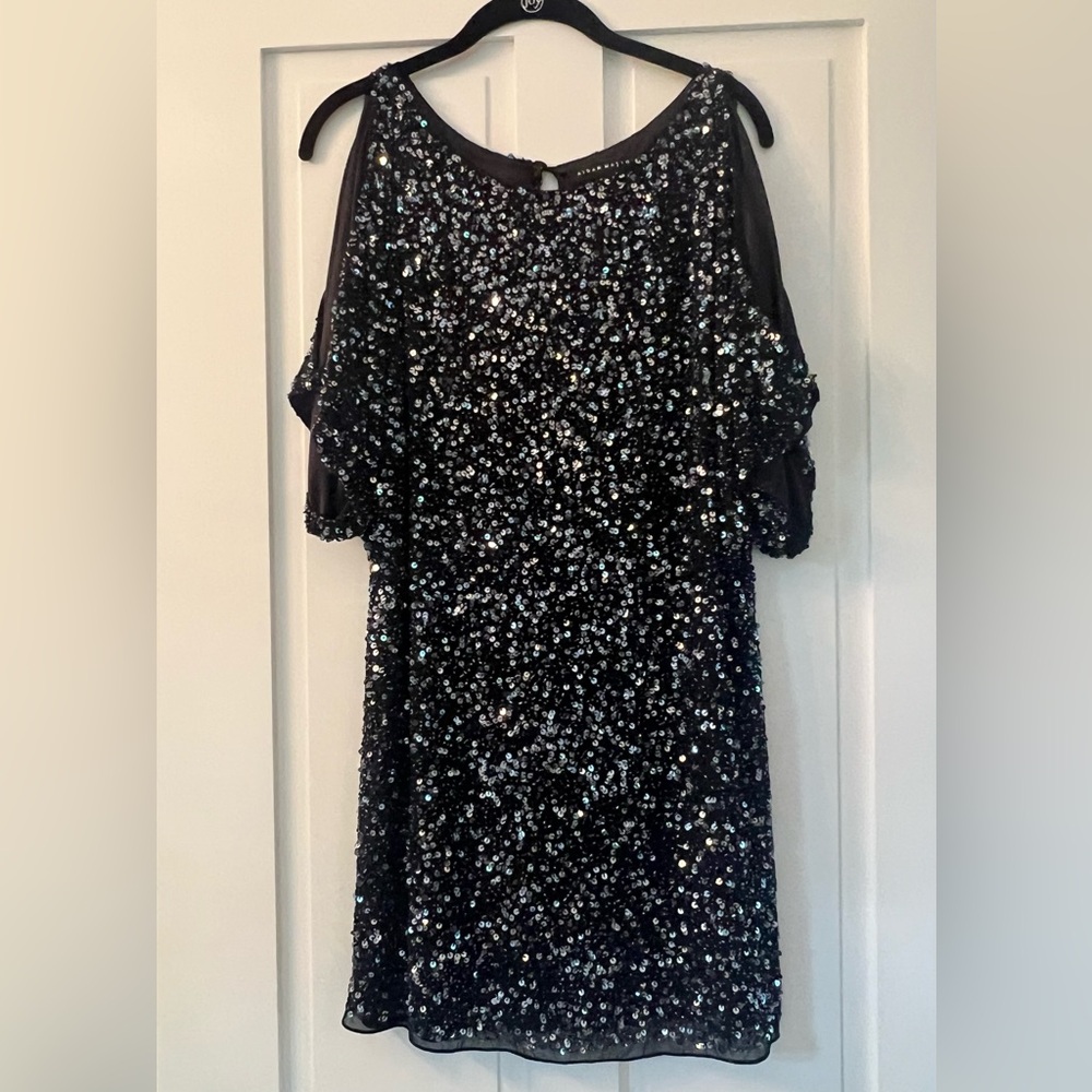 Aidan Mattox Black and Silver Sequin Cold Shoulder Mini Dress